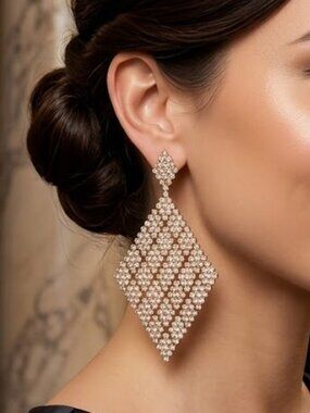 ABS Rhinestone - Diamond Shape Earrings - 3" Long